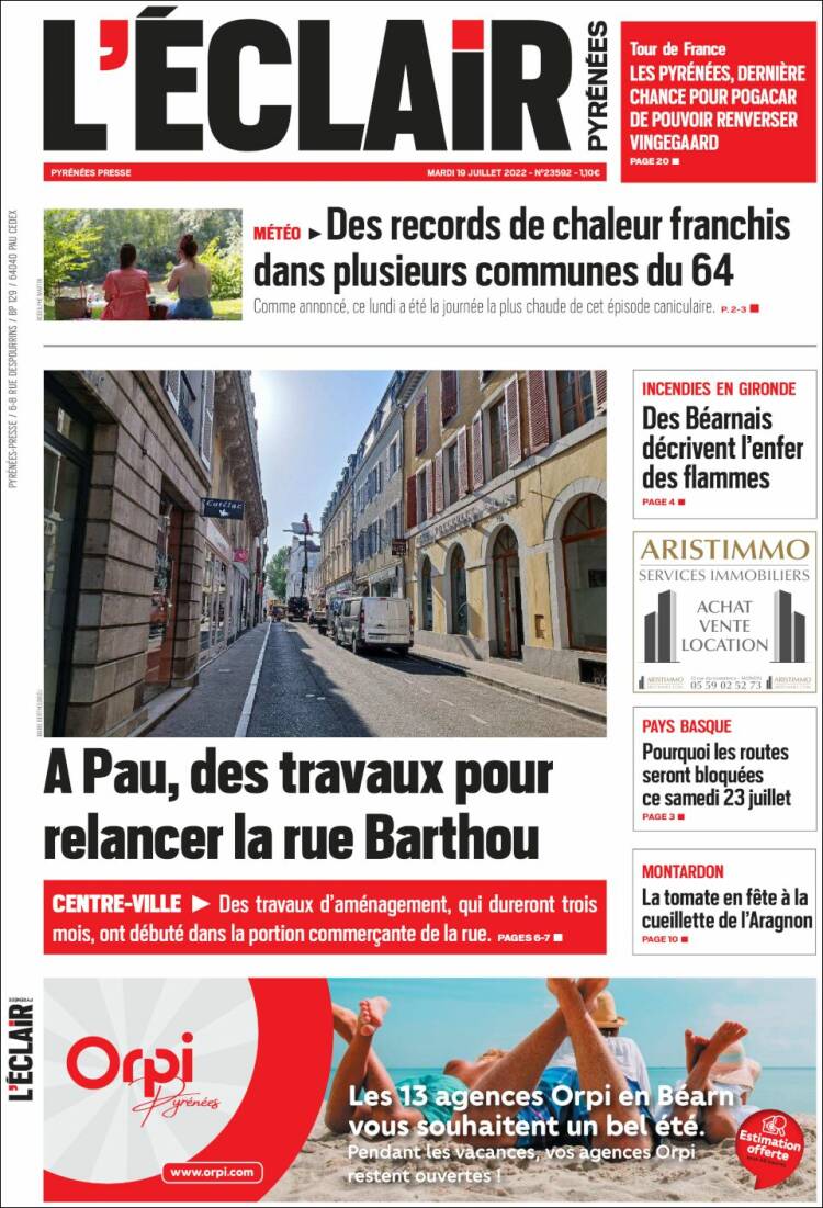 Portada de L'Eclair des Pyrénées (Francia)