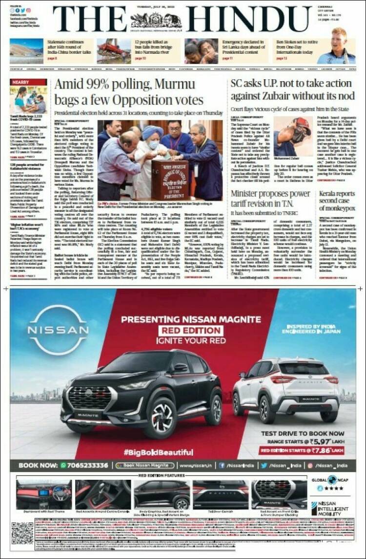 Portada de The Hindu (India)