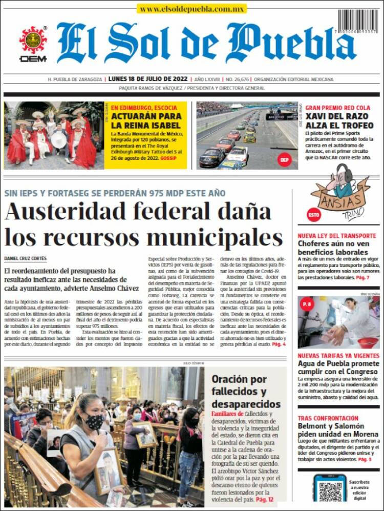 Portada de El Sol de Puebla (M&eacute;xico)