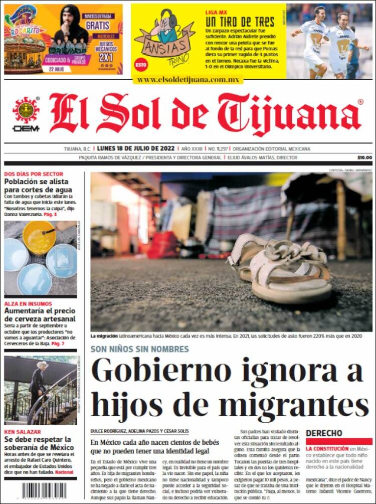 Portada de El Sol de Tijuana (M&eacute;xico)