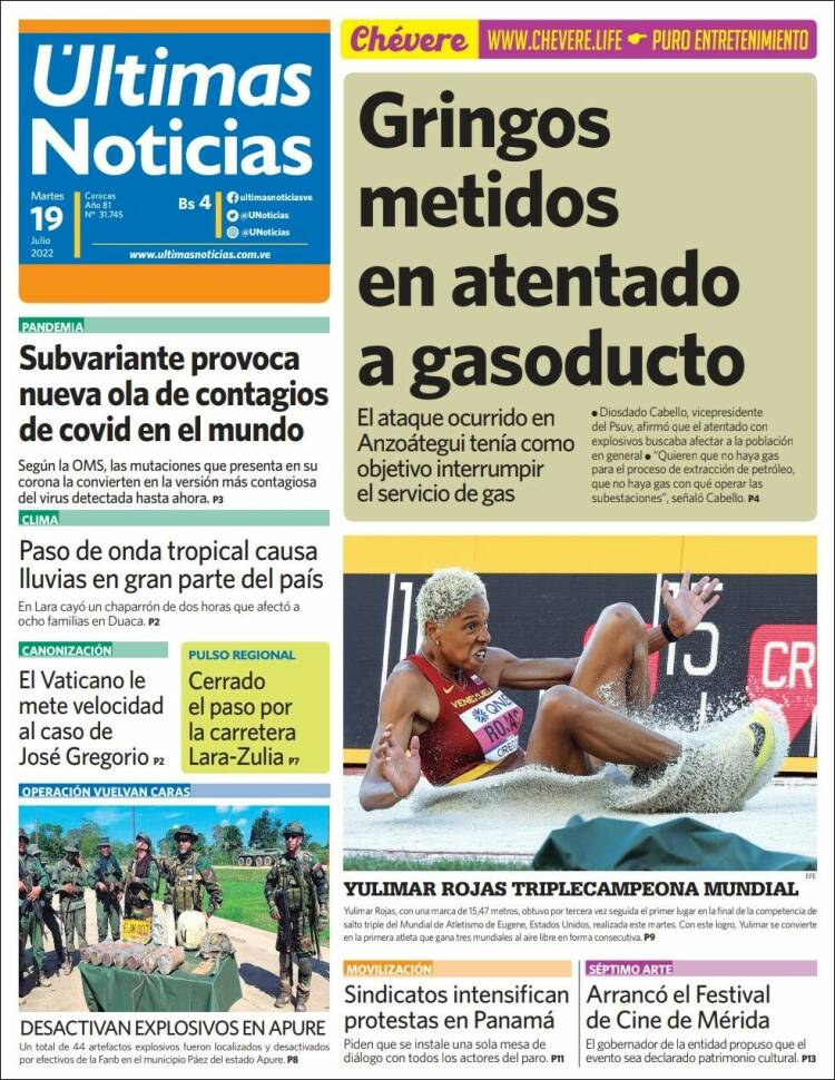 Portada de Últimas Noticias (Venezuela)