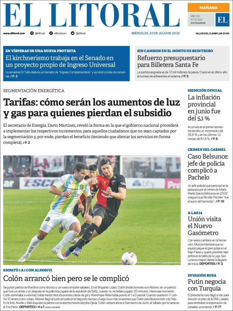 Portada de Diario El Litoral (Argentina)