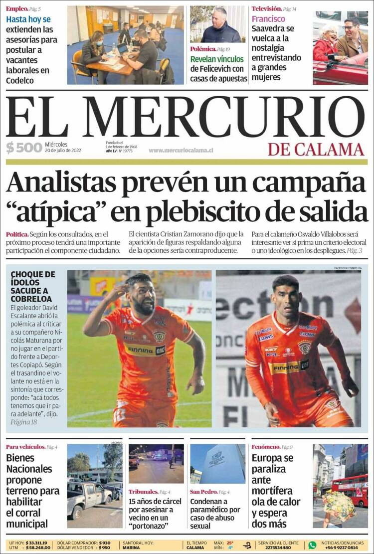 Portada de El Mercurio - Calama (Chili)