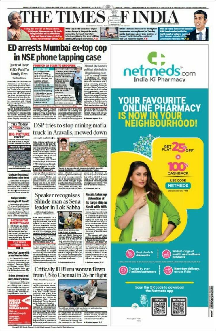 Portada de The Times of India (India)