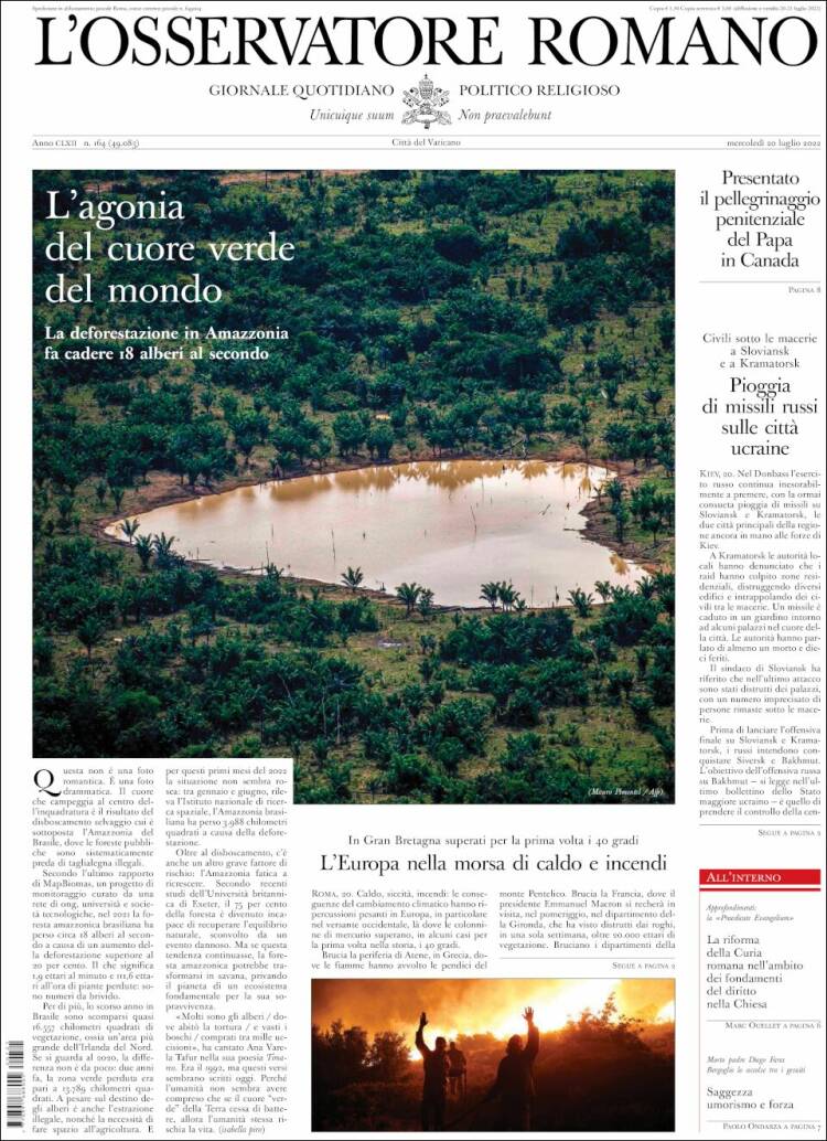 Portada de L'Osservatore Romano (Italie)