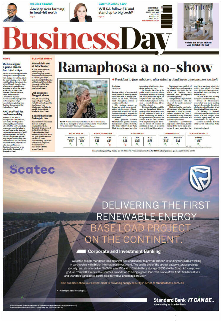 Portada de Business Day (Sud&aacute;frica)