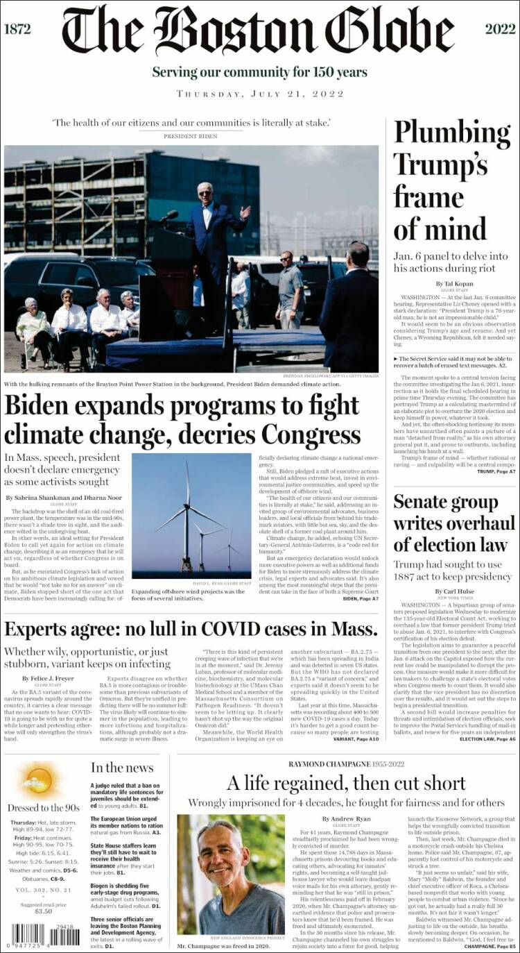 Portada de Boston Globe (USA)