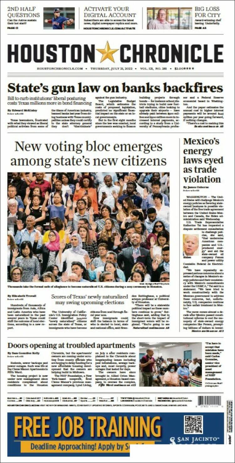 Portada de Houston Chronicle (USA)