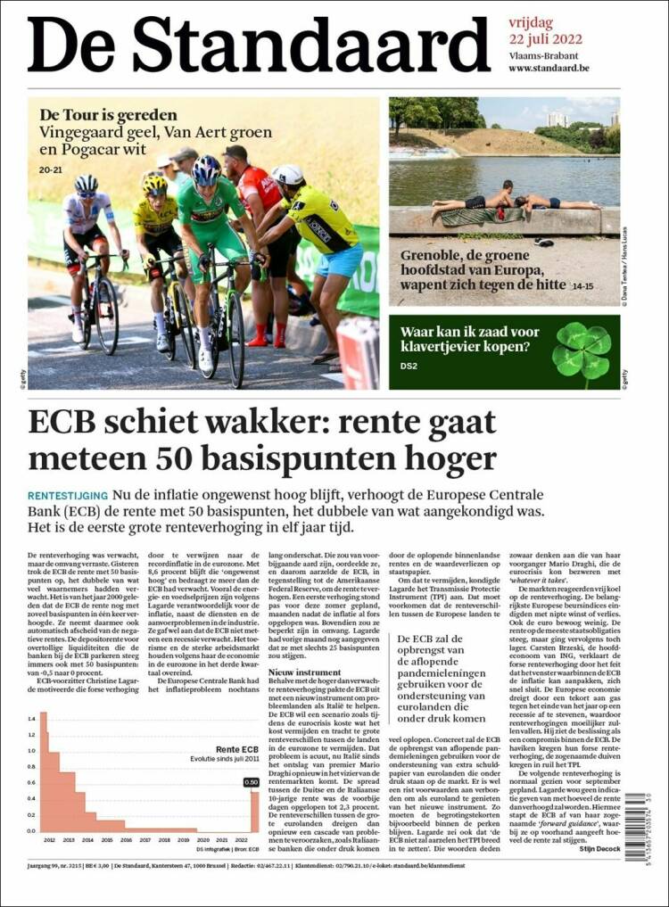 Portada de De Standaard (B&eacute;lgica)