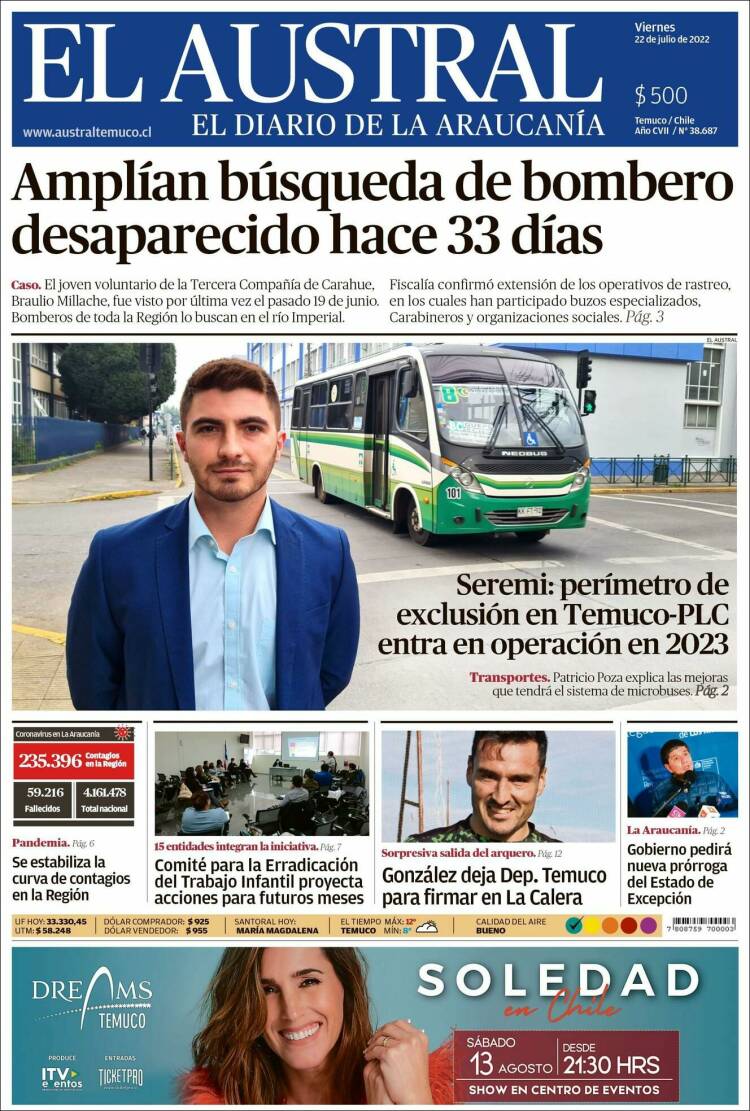 Portada de El Austral de Temuco (Chile)