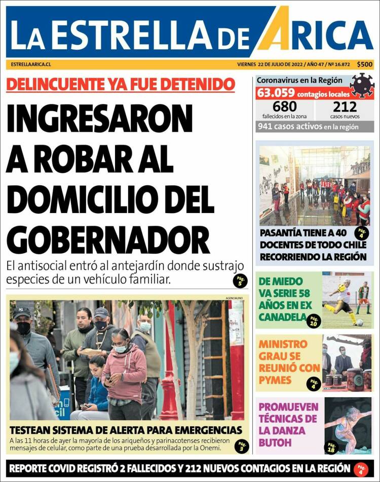 Portada de La Estrella de Arica (Chile)