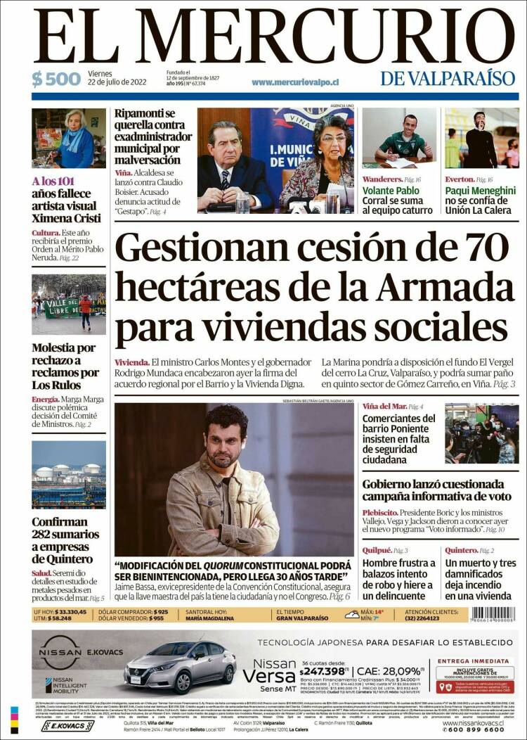 Portada de Mercurio de Valparaiso (Chile)