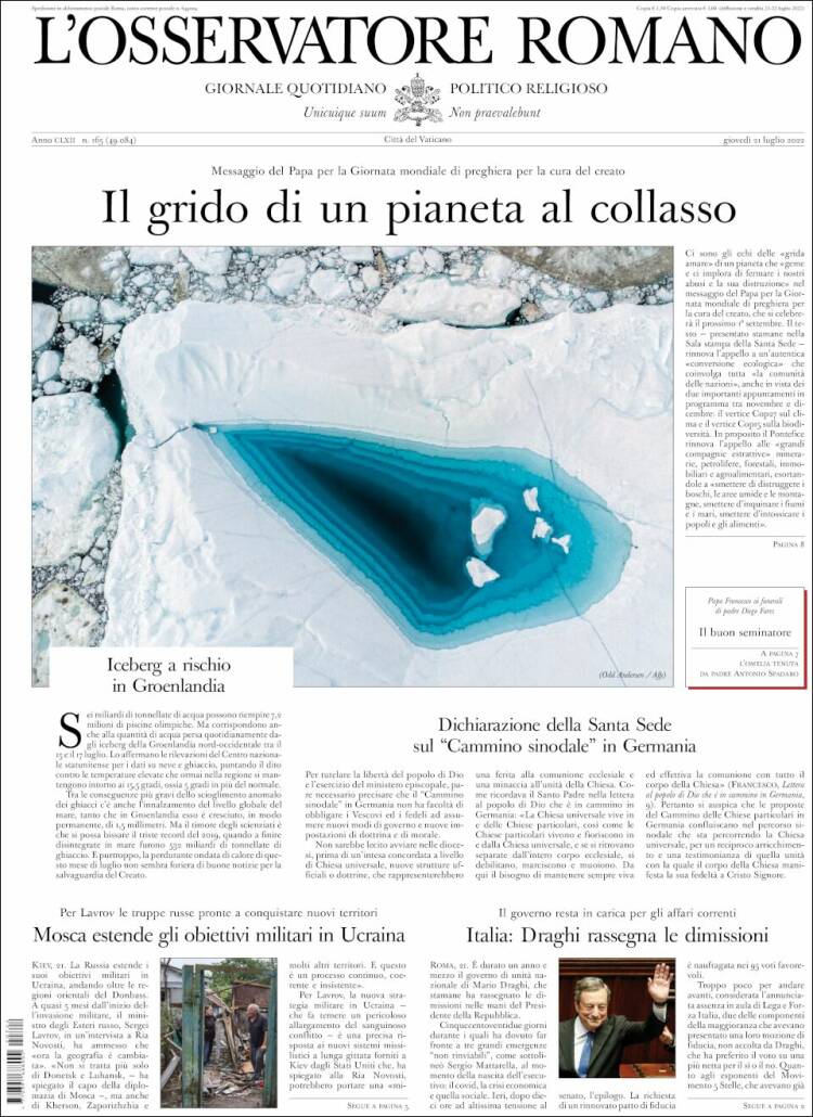 Portada de L'Osservatore Romano (Italia)