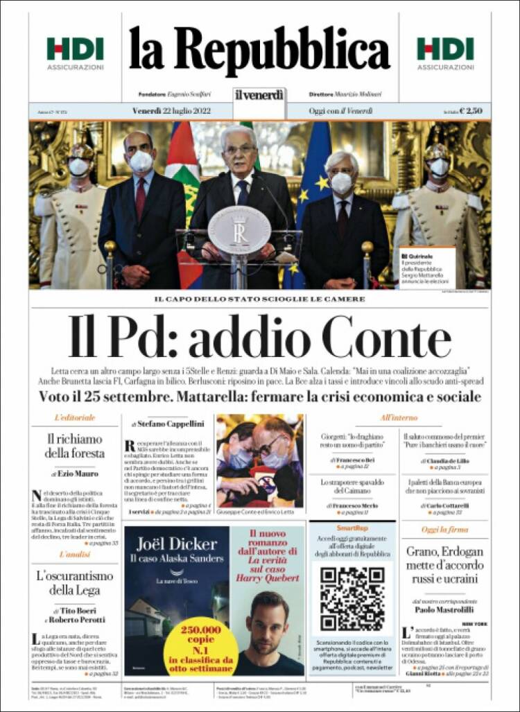 Portada de La Repubblica (Italia)