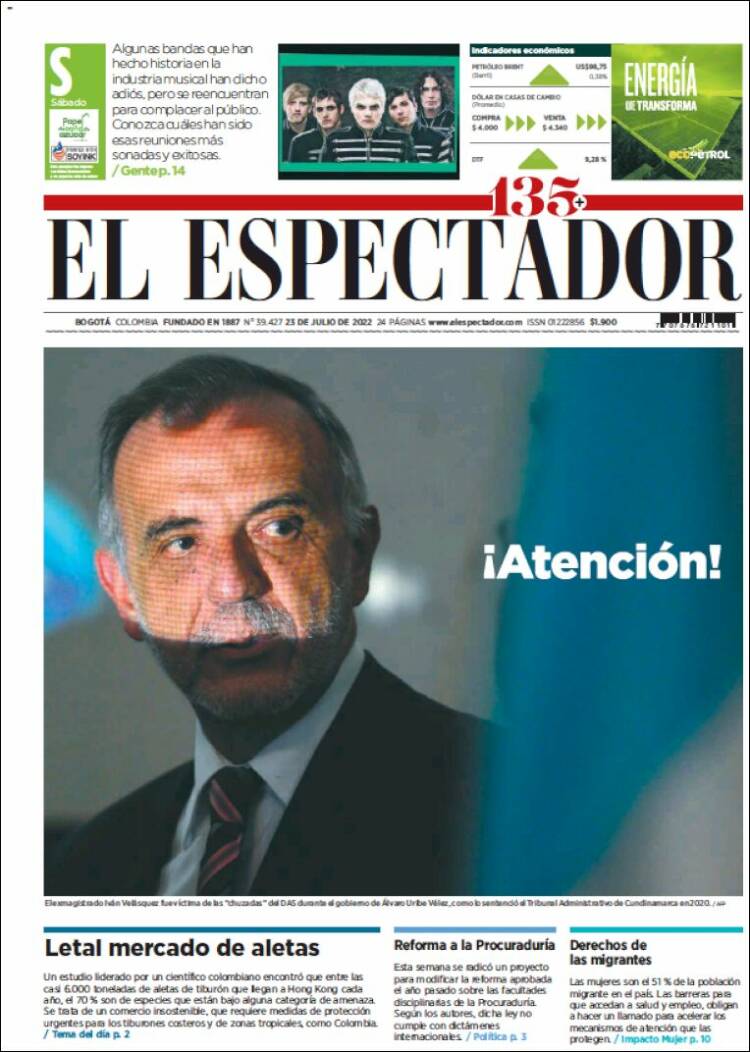 Portada de El Espectador (Colombia)
