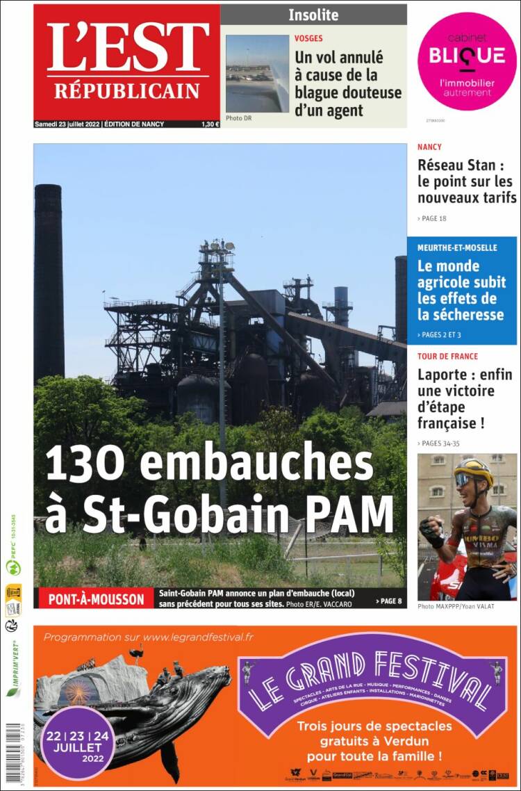 Portada de L'Est Republicain (Francia)