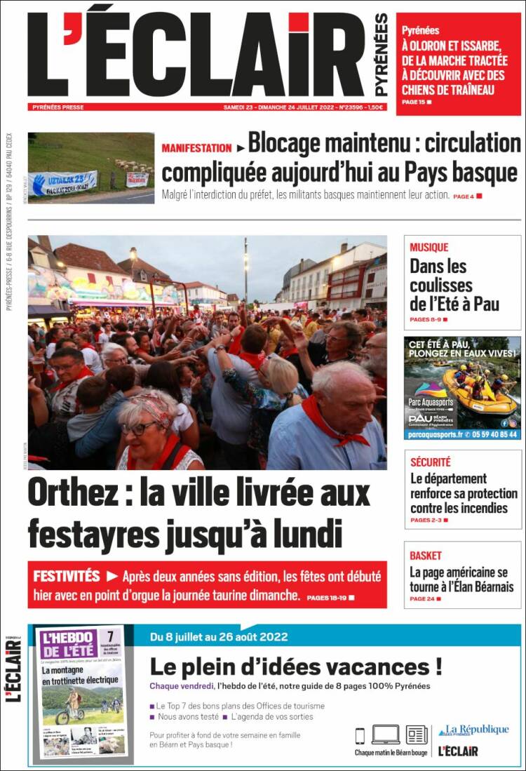 Portada de L'Eclair des Pyrénées (Francia)