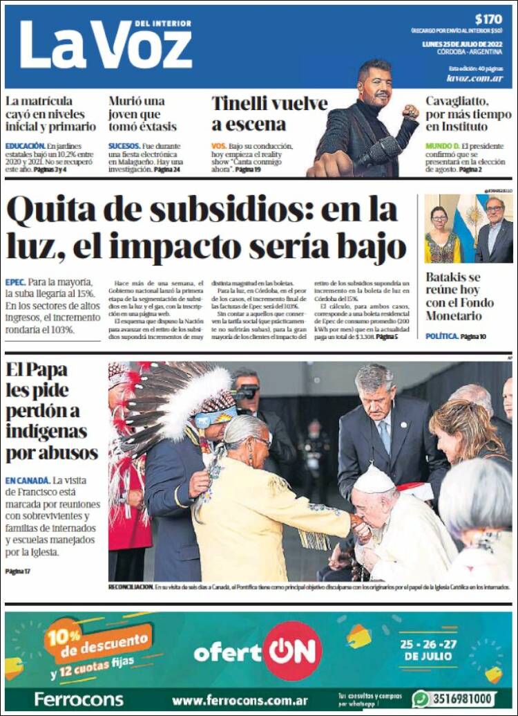 Portada de La Voz del Interior (Argentina)