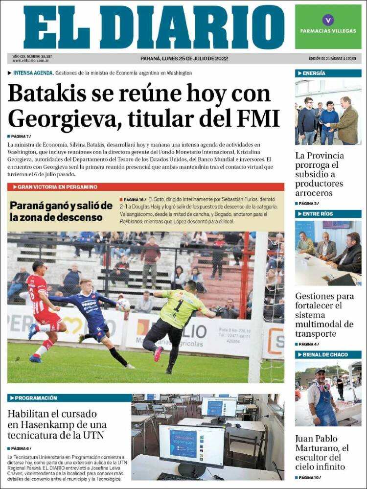 Portada de El Diario de Paraná (Argentina)