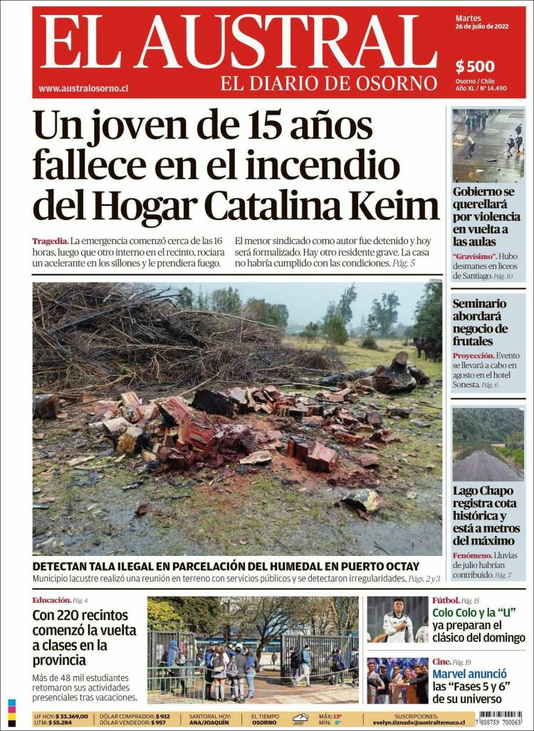 Portada de El Austral de Osorno (Chile)