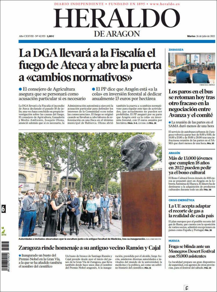 Portada de Heraldo de Aragón (España)