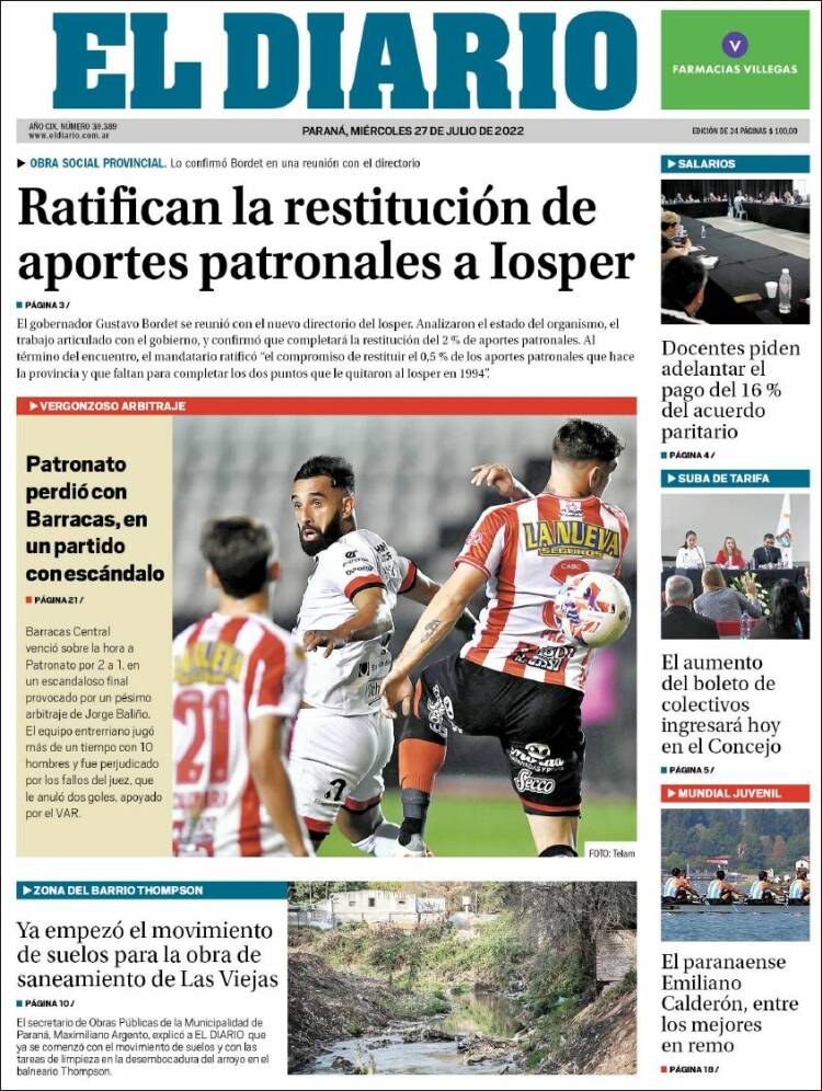 Portada de El Diario de Paraná (Argentina)