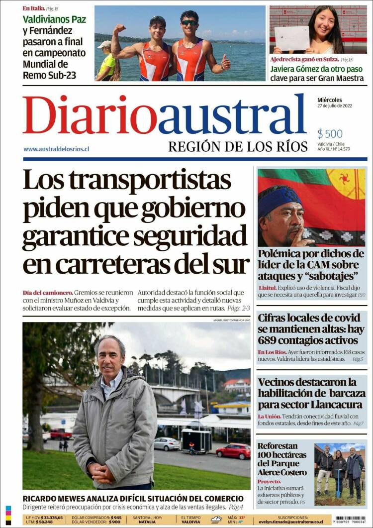 Portada de El Diario Austral de Valdivia (Chile)