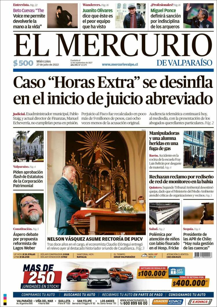 Portada de Mercurio de Valparaiso (Chile)