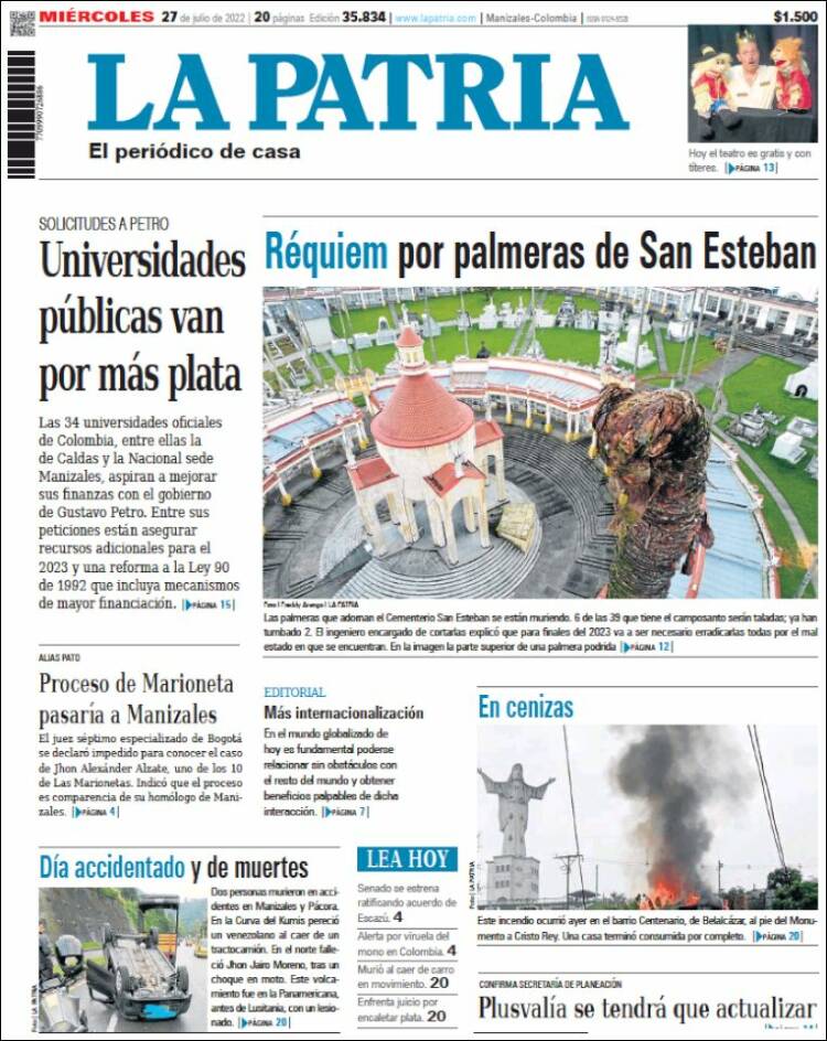 Portada de La Patria (Colombia)