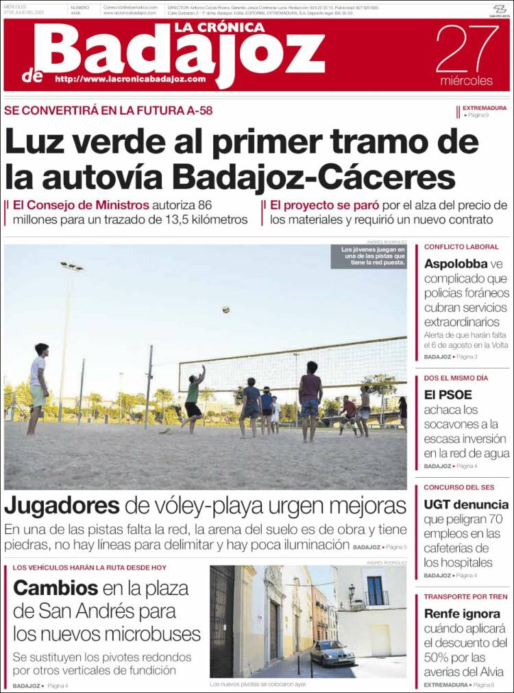 Portada de La Crónica de Badajoz (Espa&ntilde;a)