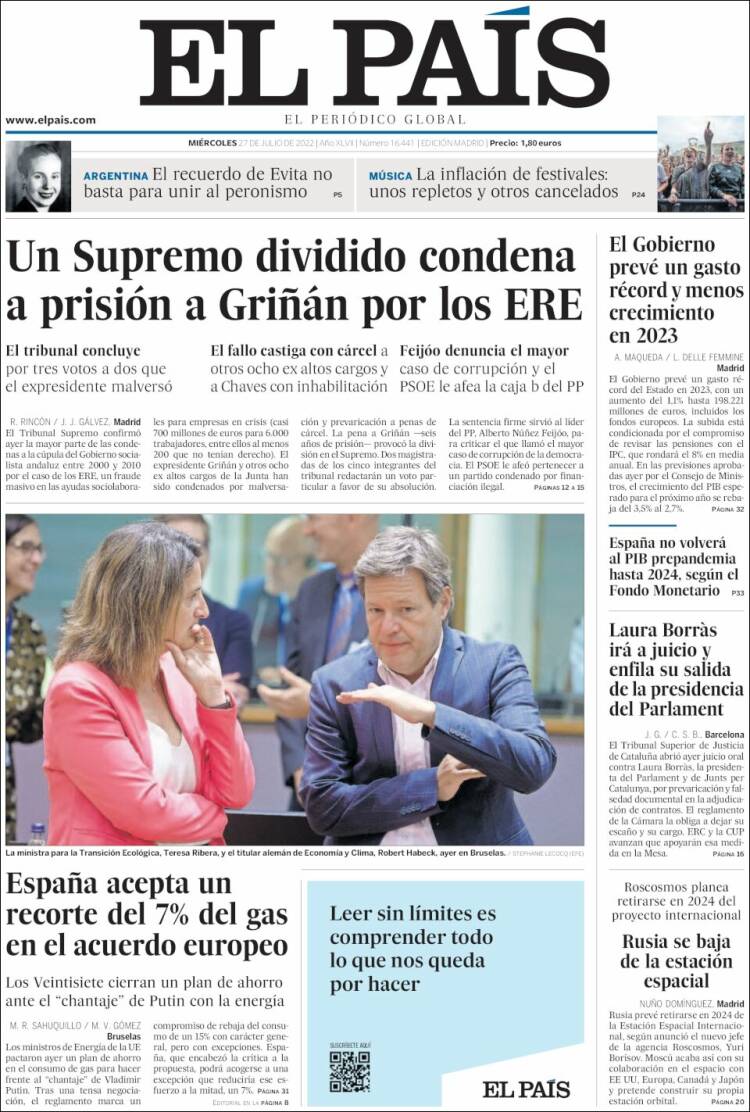 Portada de El País (España)