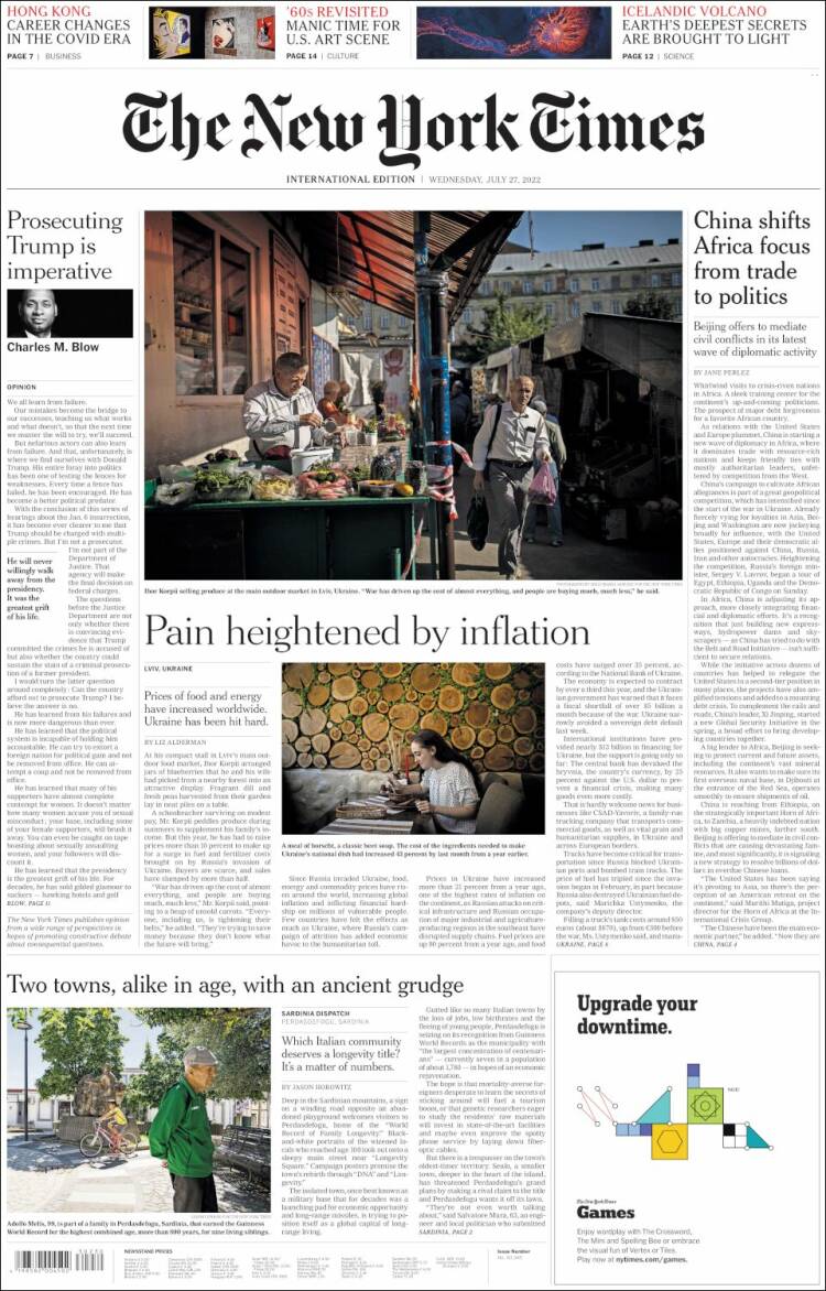 Portada de International New York Times (Europa)