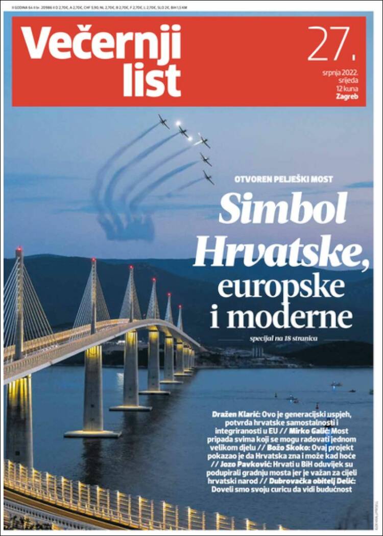 Portada de Večernji (Croacia)