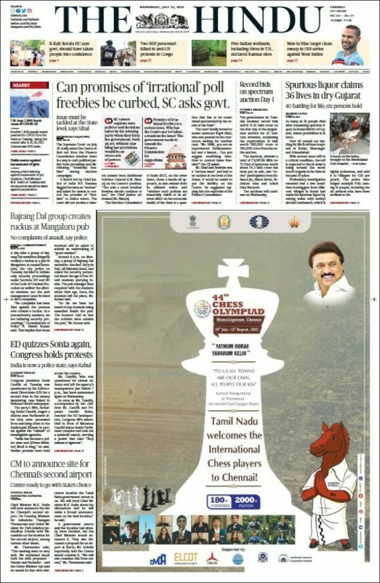 Portada de The Hindu (India)