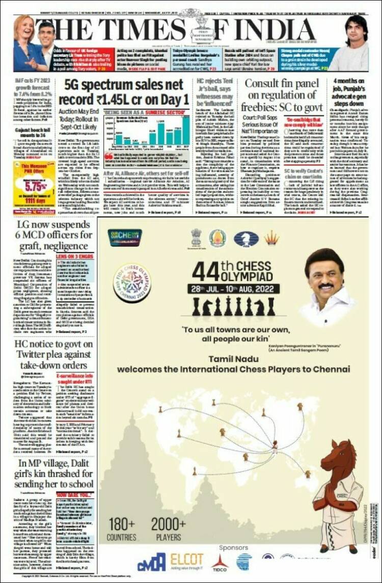 Portada de The Times of India (India)
