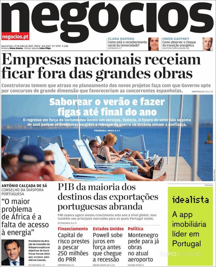 Portada de Jornal de Negócios (Portugal)