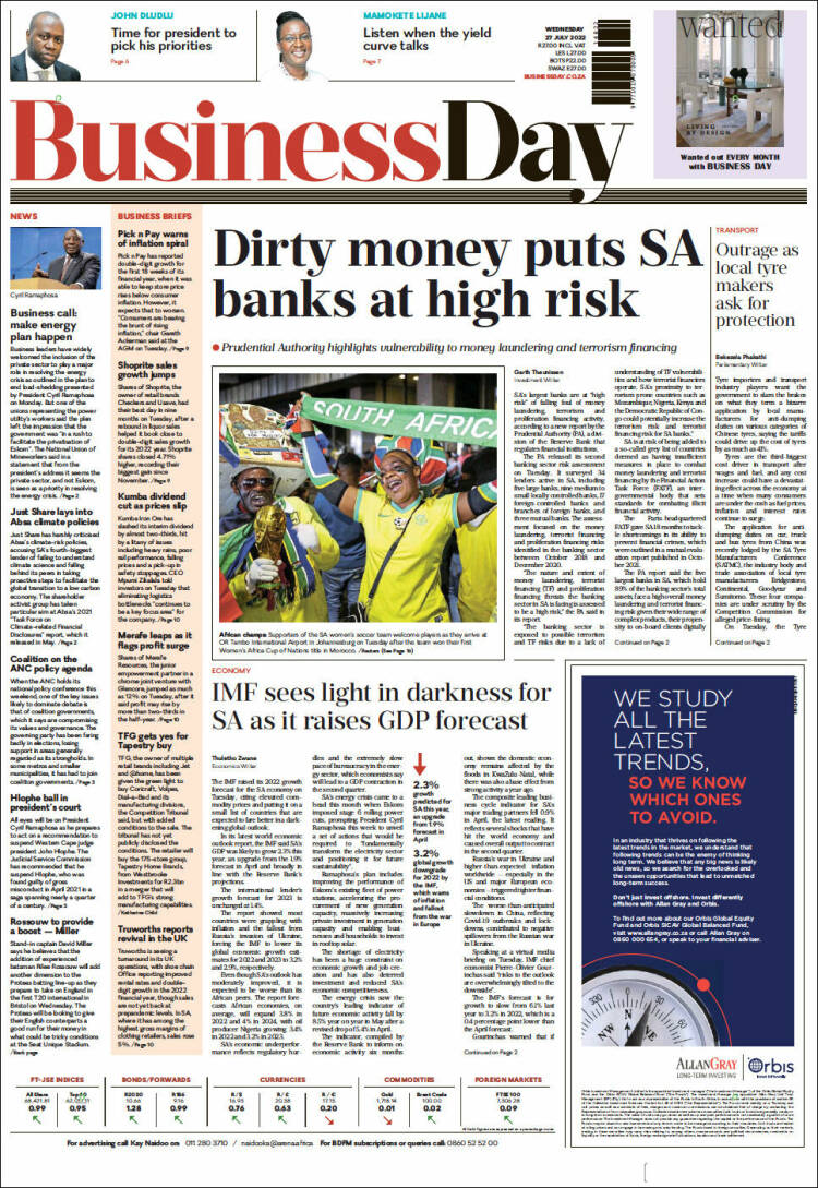 Portada de Business Day (Sud&aacute;frica)