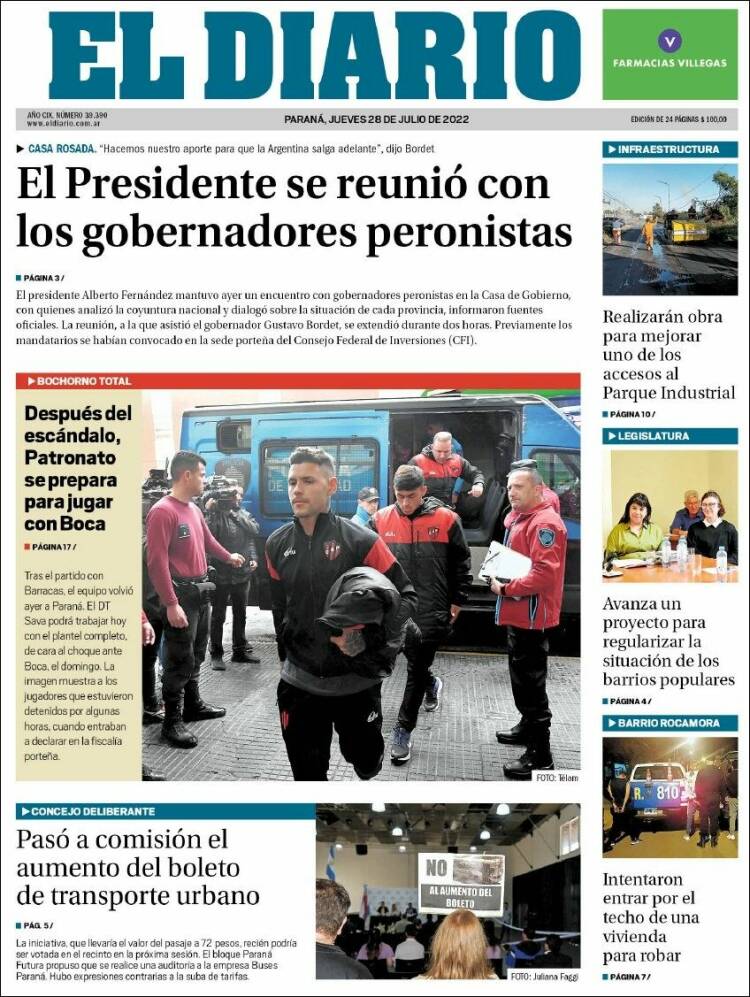 Portada de El Diario de Paraná (Argentina)