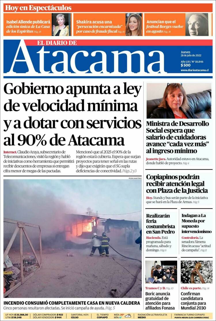 Portada de Diario de Atacama (Chile)