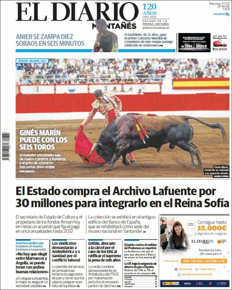 Portada de El Diario Montañés (España)