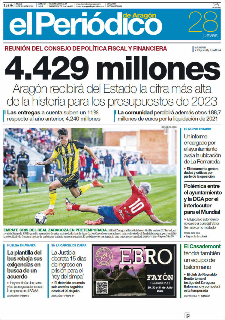 Portada de El Periódico de Aragón (España)