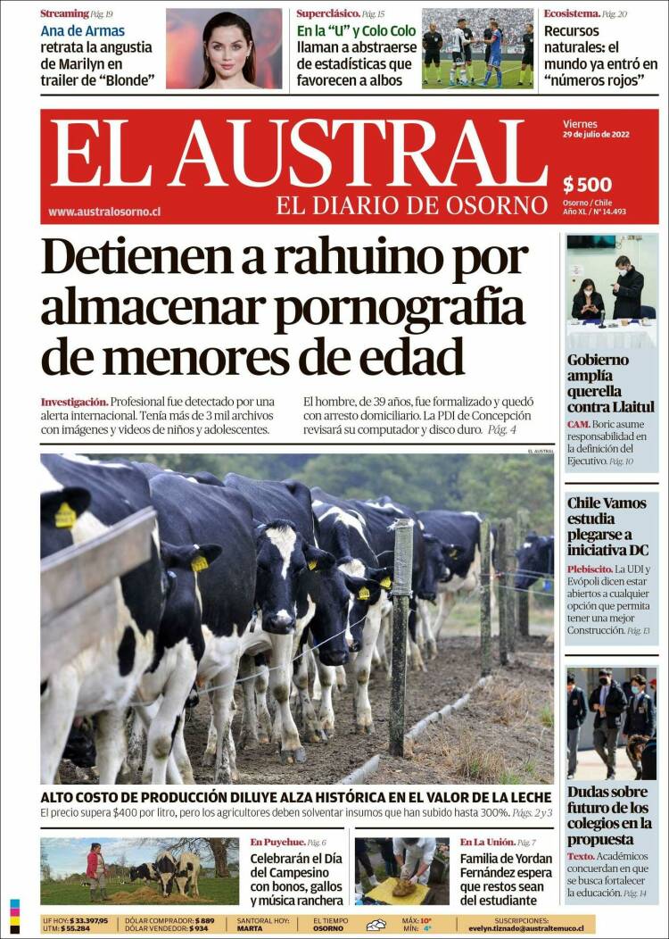 Portada de El Austral de Osorno (Chile)