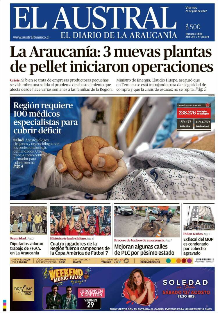 Portada de El Austral de Temuco (Chile)