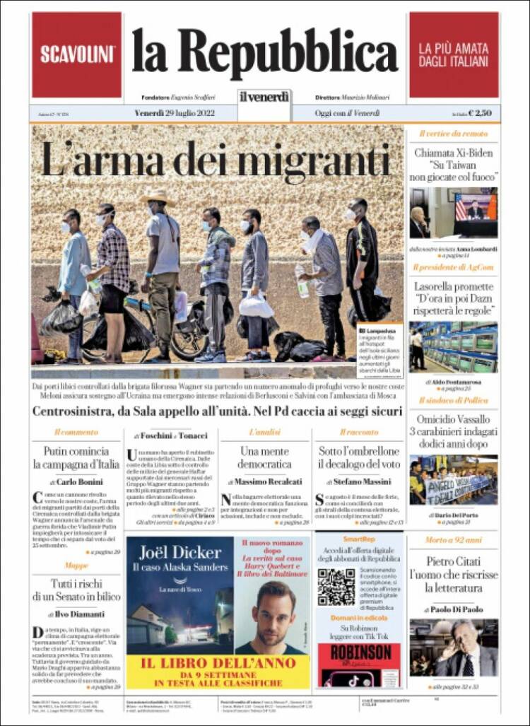 Portada de La Repubblica (Italia)