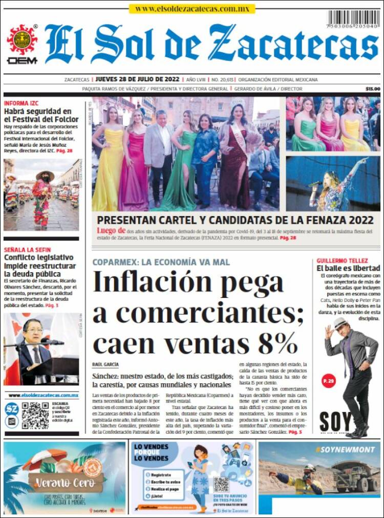 Portada de El Sol de Zacatecas (M&eacute;xico)