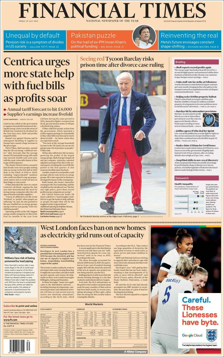 Portada de Financial Times (Reino Unido)