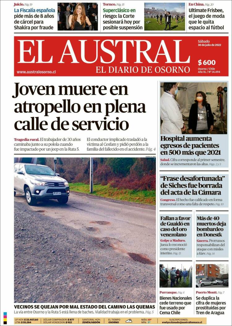 Portada de El Austral de Osorno (Chile)