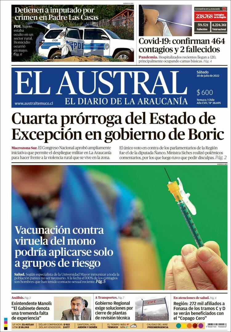 Portada de El Austral de Temuco (Chile)