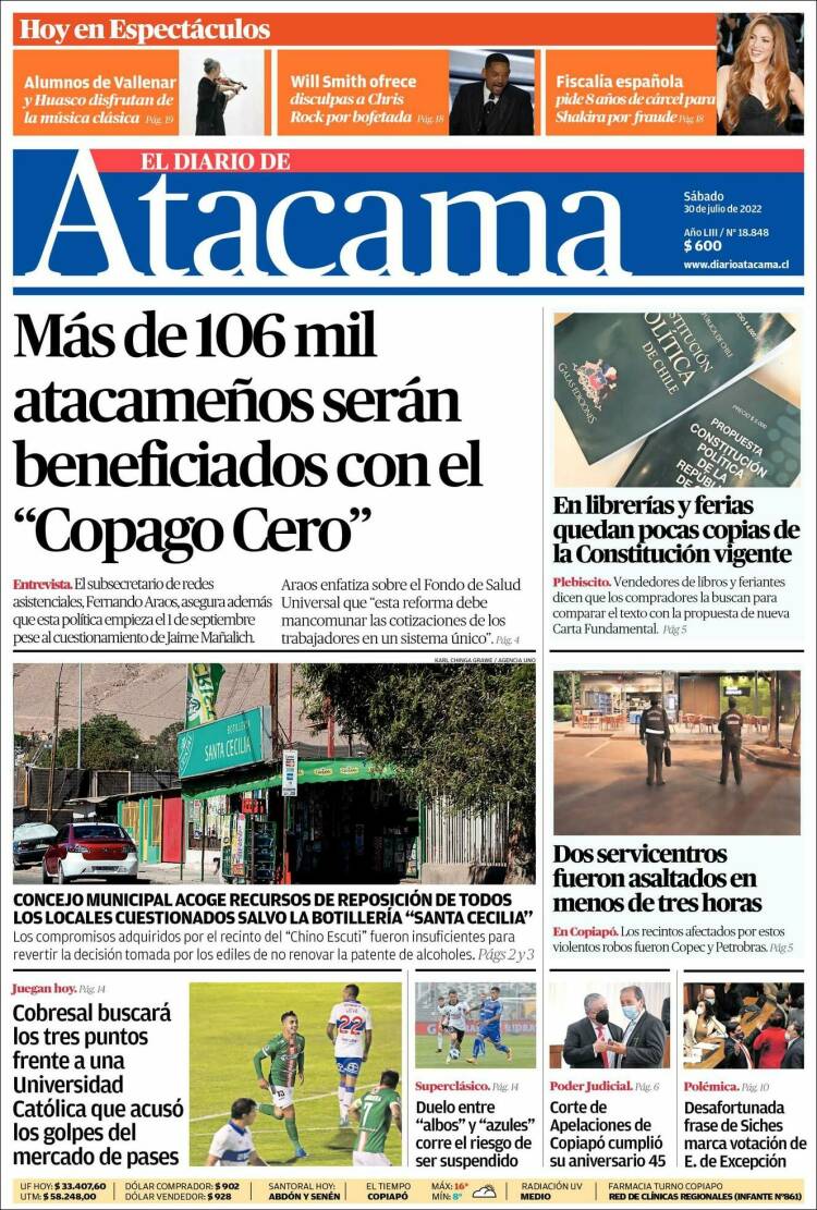 Portada de Diario de Atacama (Chile)