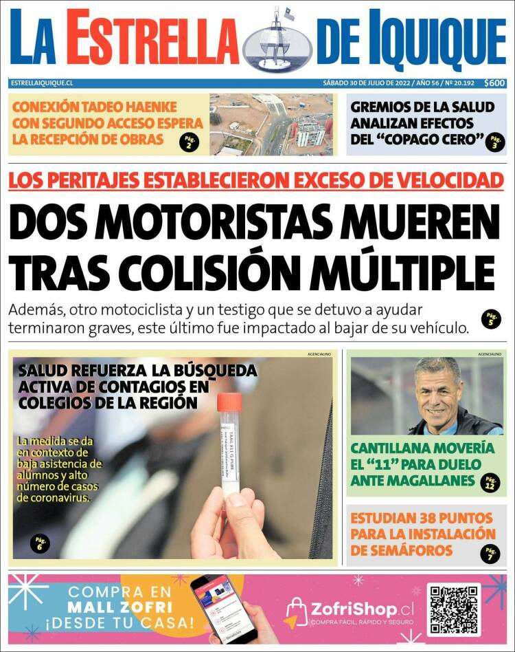 Portada de La Estrella de Iquique (Chile)